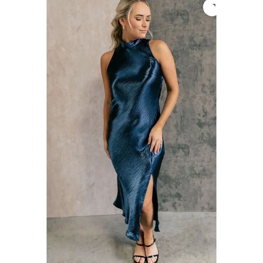 Gilli Navy Satin Sleeveless Midi Dress Size Small